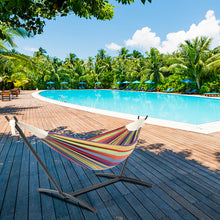 将图片加载到图库查看器,9ft Black Steel Pipe Hammock Frame with 200*150cm Polyester Cotton Hammock Small Color Strip Natural Rope Iron Hammock Set