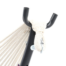 将图片加载到图库查看器,9ft Black Steel Pipe Hammock Frame with 200*150cm Polyester Cotton Hammock Small Color Strip Natural Rope Iron Hammock Set