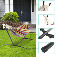 将图片加载到图库查看器,9ft Black Steel Pipe Hammock Frame with 200*150cm Polyester Cotton Hammock Small Color Strip Natural Rope Iron Hammock Set