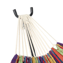 将图片加载到图库查看器,9ft Black Steel Pipe Hammock Frame with 200*150cm Polyester Cotton Hammock Small Color Strip Natural Rope Iron Hammock Set