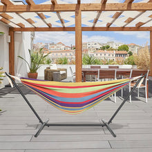 将图片加载到图库查看器,9ft Black Steel Pipe Hammock Frame with 200*150cm Polyester Cotton Hammock Small Color Strip Natural Rope Iron Hammock Set