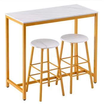 [107 x 47 x 92]cm PVC Marble Simple Bar Table   Round Bar Stool Golden Paint (One Table and Two Stools) White