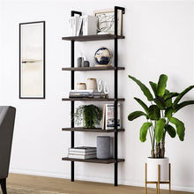 将图片加载到图库查看器，5-Shelf Wood Ladder Bookcase with Metal Frame, Industrial 5-Tier Modern Ladder Shelf Wood Shelves,Dark Walnut
