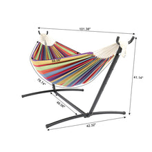 将图片加载到图库查看器，9ft Black Steel Pipe Hammock Frame with 200*150cm Polyester Cotton Hammock Small Color Strip Natural Rope Iron   Hammock Set
