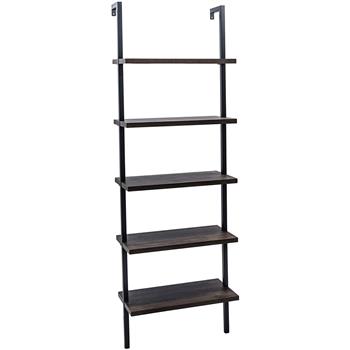 5-Shelf Wood Ladder Bookcase with Metal Frame, Industrial 5-Tier Modern Ladder Shelf Wood Shelves,Dark Walnut