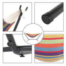 将图片加载到图库查看器，9ft Black Steel Pipe Hammock Frame with 200*150cm Polyester Cotton Hammock Small Color Strip Natural Rope Iron   Hammock Set
