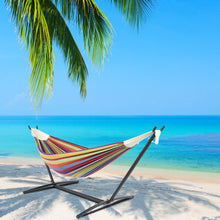 将图片加载到图库查看器，9ft Black Steel Pipe Hammock Frame with 200*150cm Polyester Cotton Hammock Small Color Strip Natural Rope Iron   Hammock Set
