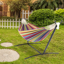 将图片加载到图库查看器，9ft Black Steel Pipe Hammock Frame with 200*150cm Polyester Cotton Hammock Small Color Strip Natural Rope Iron   Hammock Set
