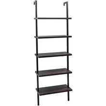 将图片加载到图库查看器，5-Shelf Wood Ladder Bookcase with Metal Frame, Industrial 5-Tier Modern Ladder Shelf Wood Shelves,Dark Walnut
